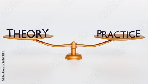 3d rendering of practice and theory in balance; a scale and words practice and theory