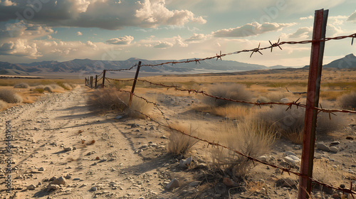 A desolate, barren landscape with a rusty, spiky fence. This harsh and hostile atmosphere can create feelings of anxiety and isolation.