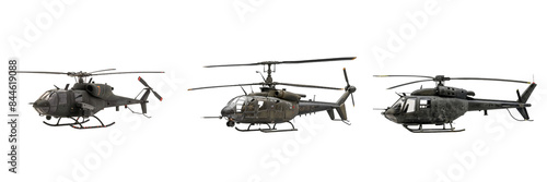 Boeing AH-6 Little Bird helicopter isolated on transparent png background. Three military helicopters are shown in a row