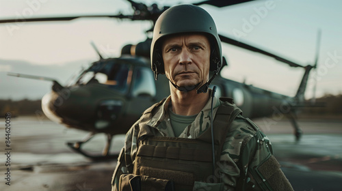 A man in a military uniform standing in front of a helicopter. His attitude suggests self-confidence and readiness for activities related to a military mission.