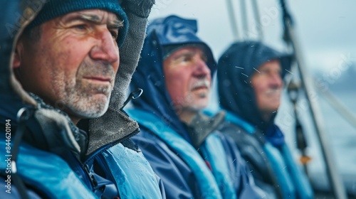 Three men in blue jackets and life vests looking out at the ocean possibly on a boat with a focus on the man in the foreground.
