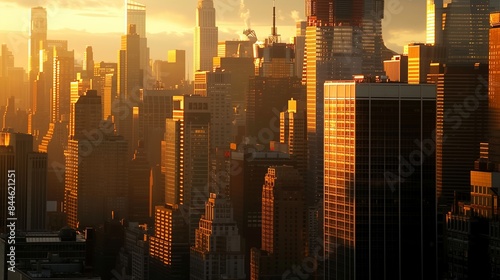 City skyline at sunset with skyscrapers bathed in golden light, casting long, dramatic shadows.