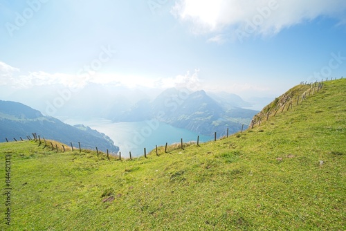 View from the "fronalpstock", a 1921 m above sea level high mountain in the Schwyzer Alps in the canton of Schwyz in Switzerland to the lake lucerne.
