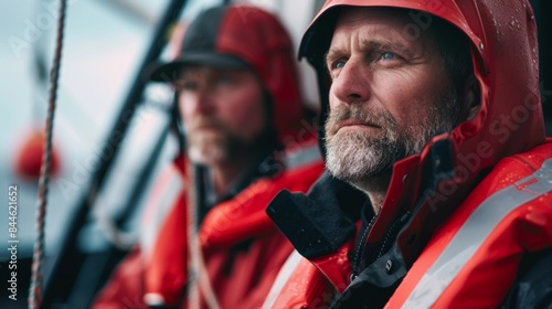 Two men in red jackets and life vests one with a beard looking out on the water possibly from a boat.