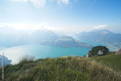 View from the "fronalpstock", a 1921 m above sea level high mountain in the Schwyzer Alps in the canton of Schwyz in Switzerland to the lake lucerne.