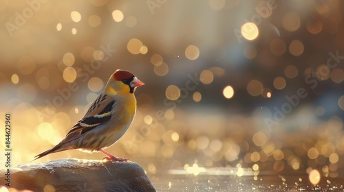 Single Goldfinch also known as Carduelis carduelis perched on the shore