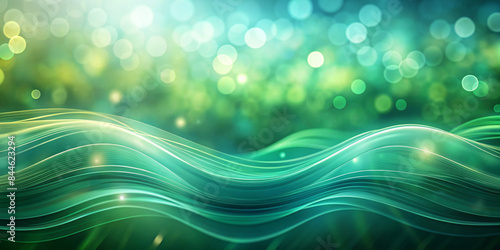 Soft, turquoise-tinged waves flow horizontally across the image, suggesting a sense of calm fluidity. Above and around the waves, the soft bokeh lights give a magical sparkle with copy space.AI genera