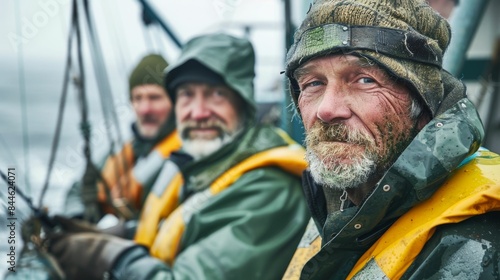 Three weathered men in rain gear one with a beard seated on a boat looking into the distance possibly at the sea.