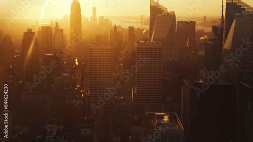 The city skyline at sunset features golden-lit skyscrapers, casting serene, picturesque shadows.