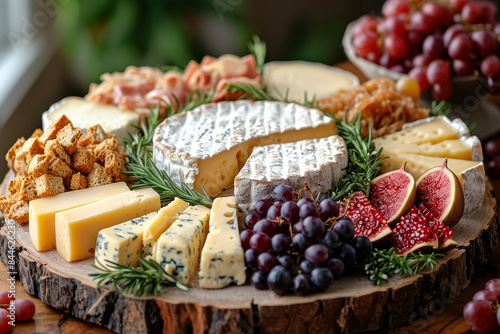 A wooden platter with a variety of cheeses and fruits, including grapes and figs