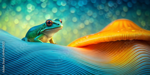 A bright green frog with protruding red eyes sits atop a wavy blue surface with an orange mushroom-like structure in the background. In the background you can see a bokeh effect in blue and green.AI