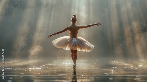 A graceful ballerina with outstretched arms performs elegantly by reflective water under spotlights