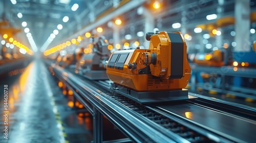 A modern industrial setting showcasing a robotic arm on a production line, likely in a factory manufacturing products or components