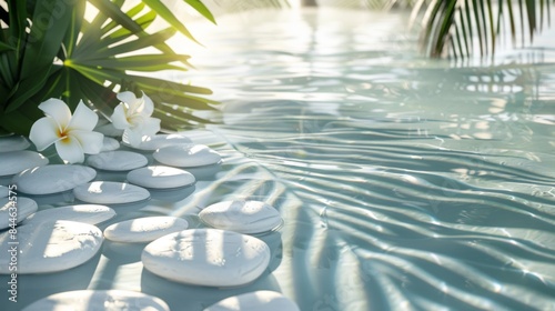 Beautiful spa background featuring white stones, lily flowers, and sun shadows on a transparent, clean white water surface