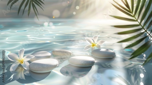 Beautiful spa background featuring white stones, lily flowers, and sun shadows on a transparent, clean white water surface
