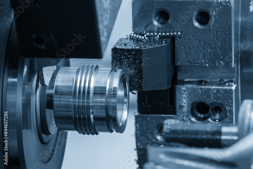 The CNC lathe machine swiss type thread cutting the metal shaft parts.