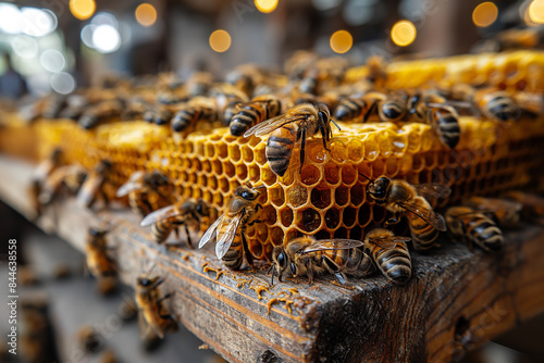 Bees working on a honeycomb in a beekeeping environment with natural honey production