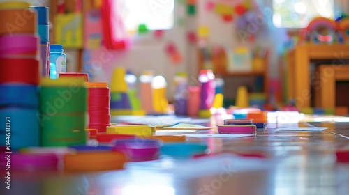 A blurry view of a craft room filled with stacks of out paper shapes and a rainbow of glue bottles tered across the floor. .