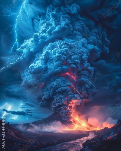 Volcanic eruption amidst lightning storm with colors of baby blue, salmon-orange, peach, and ruby red in the sky.