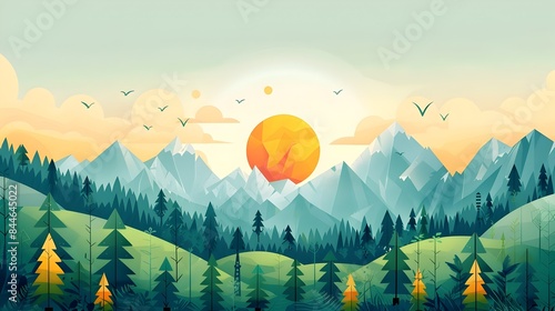 Breathtaking Landscape with Majestic Mountains Serene Forests and Glowing Sunset Scenery