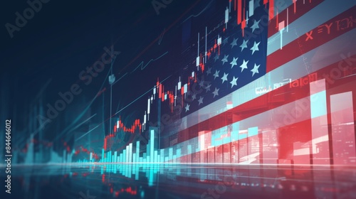 Stock market green red color economy. usa flag background. Trends economic Effect recession on US economy