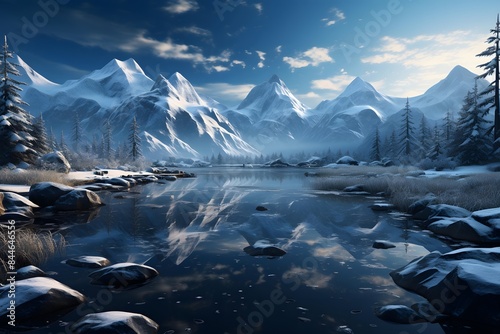 Panoramic view of snow-capped mountains and frozen lake