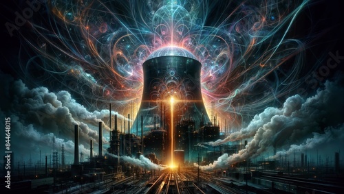 A futuristic and abstract representation of a nuclear power plant, with glowing energy patterns and fractals emanating from the cooling tower against a backdrop of clouds.