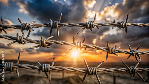 A close-up image of a barbed wire fence silhouetted against a vibrant sunset sky