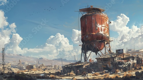 A toppled water tower overshadowing a deserted town its rusted tank precariously balanced on a collapsed support