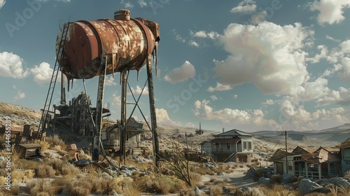 A toppled water tower overshadowing a deserted town its rusted tank precariously balanced on a collapsed support