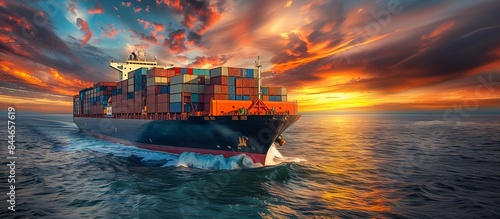 Global business logistics and container cargo freight ship at sea during sunset, illustrating import and export transport concept