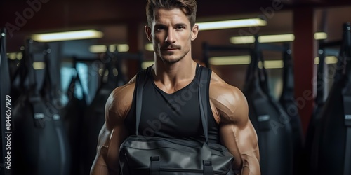 Bodybuilder in Gym Flexing Muscles Next to Boxing Bag to Showcase Physique. Concept Fitness Photography, Athletic Portraits, Strength Training, Gym Workouts, Muscle Flexing