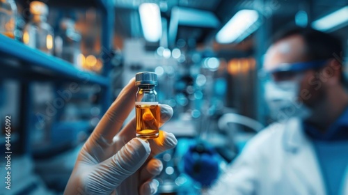 Close-up of a scientist's hand holding a vial of a new drug. The background features a laboratory setting with various scientific instruments slightly out of focus. The image emphasizes the