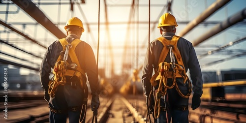 Workers on construction sites wear safety harnesses for protection during rope access work. Concept Safety Harnesses, Construction Sites, Rope Access Work, Protection, Workers