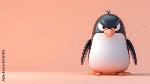 Adorable 3D Penguin with Furious Expression on Plain Peach Background