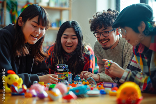 group of friends playing with 90s toys like Tamagotchis