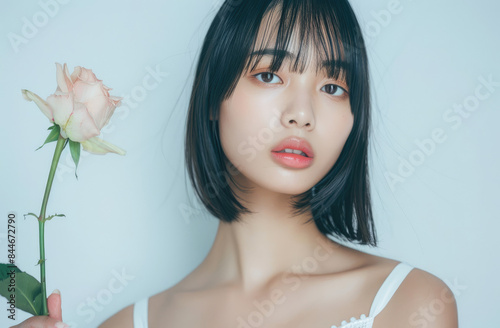 A beautiful Chinese girl with black hair, bangs and shoulder-length straight hair holding a white rose in her hand