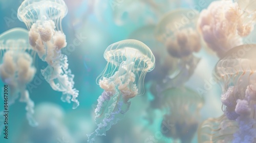 Soft hues and dreamy blurriness make up the backdrop of this otherworldly image featuring a group of jellyfish dancing in the depths of the ocean. .