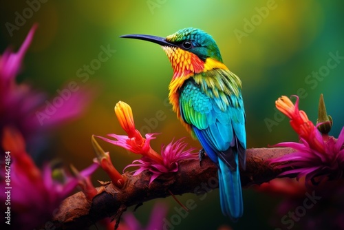 Vibrant bee-eater perched elegantly amidst vivid pink blossoms against a soft green backdrop