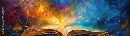 Enchanted Reading, vibrant spectrum ancient text, oil painting
