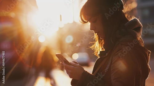 Urban setting with a young woman using her smartphone, highlighted by the warm glow of the sun