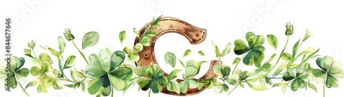 Lucky Horseshoe on Green Clover, Wholesome, Cute Watercolor Illustration