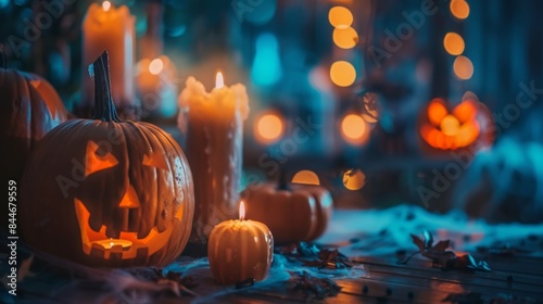 Defocused Halloween Night Dimlylit pumpkins and spooky decorations create a haunting ambiance as the flicker of candlelight casts a muted glow. .