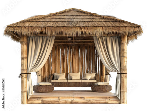 Tropical bamboo cabana with curtains and seating, perfect for a relaxing beachside retreat or getaway.