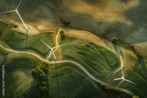 aerial view of a wind farm with turbines spinning