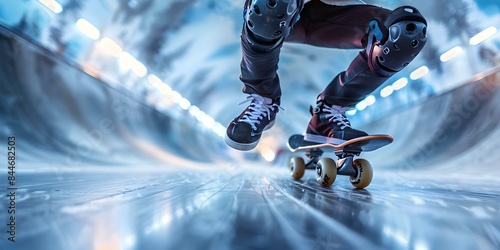 Skilled roller skater executing aggressive tricks in a skatepark. Concept Roller Skating, Aggressive Tricks, Skatepark, Skillful Execution, Extreme Sports