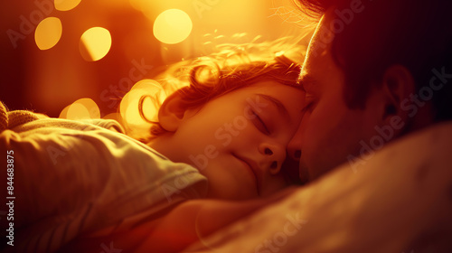 Happy child being tucked into bed by a parent, surrounded by a nurturing and secure environment close up, bedtime theme, vibrant, Silhouette, child s bedroom backdrop