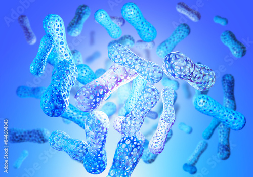 Probiotics substance. Microbiota background. Beneficial bacteria in body. Blue medical background. Probiotics for immunity. Scientific cells. Probiotics from lactobacilli. Medicine, health. 3d image