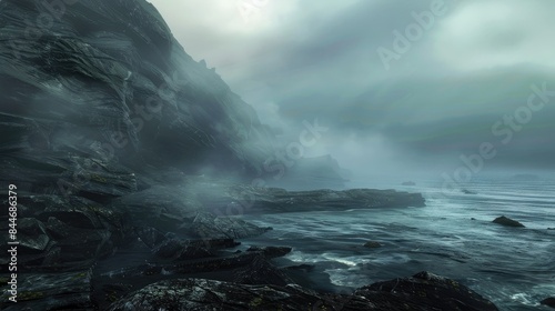 Sea mist near rocky shore