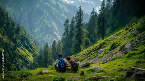 travelling in himachal pradesh, green mountains and forests, two hikers sitting on the grass with backpacks looking at each other having conversation while enjoying their time together in beautiful 